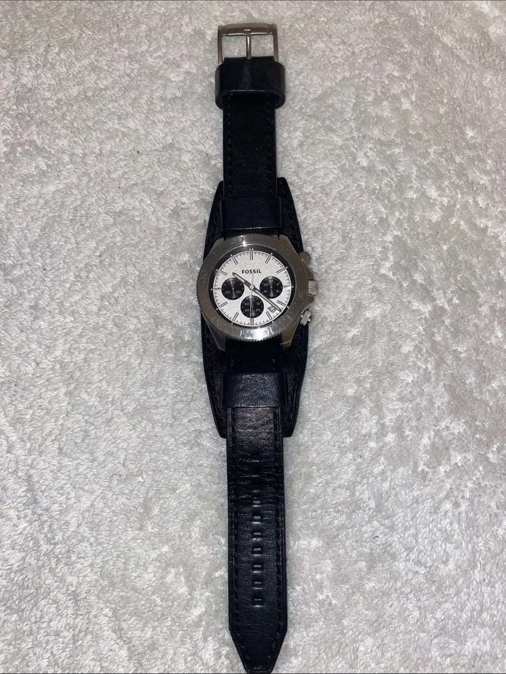 Fossil Black Leather Chronograph with Silver Dial